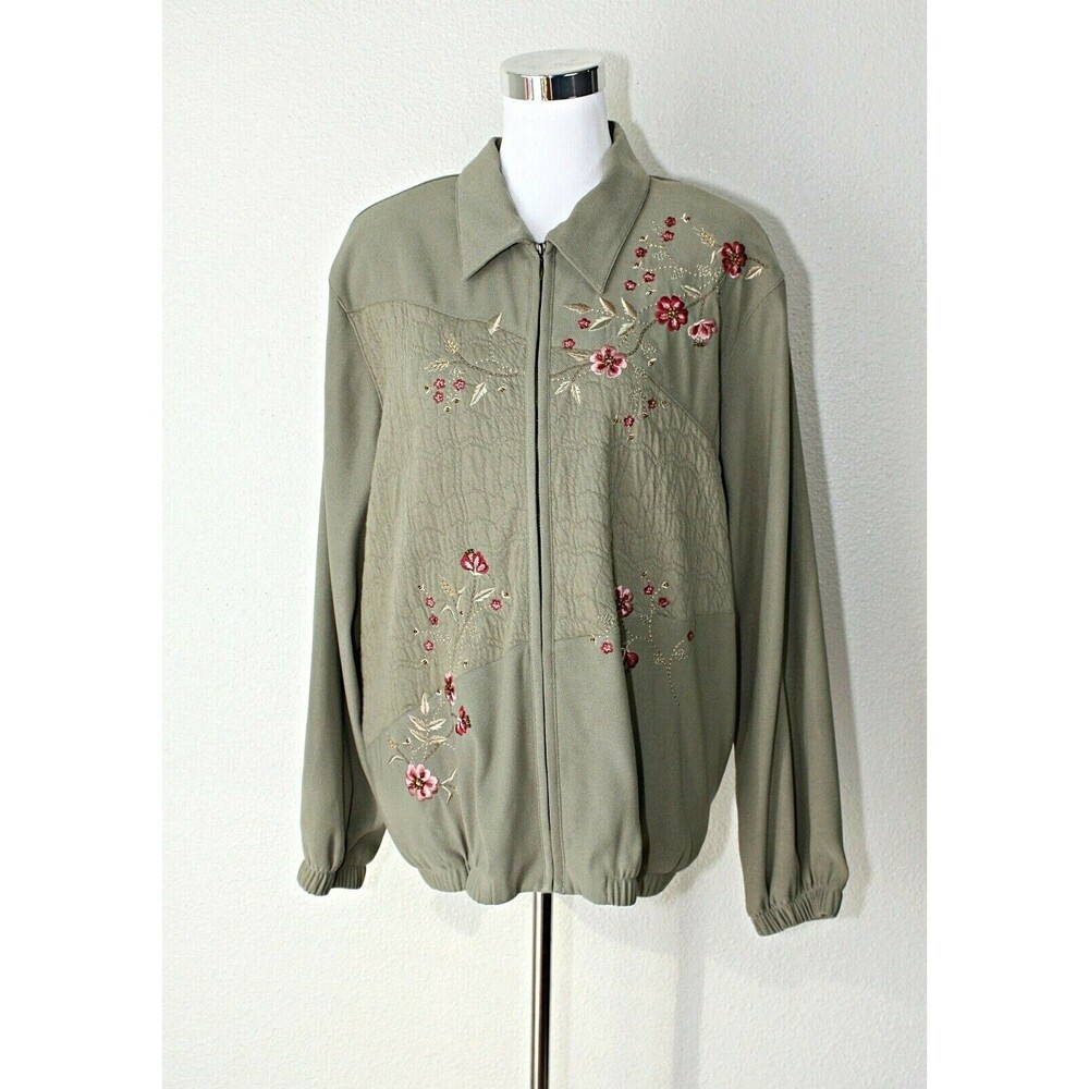 ALFRED DUNNER Jacket Women’s Sz. 18 Sage Green Embroidered Zip Front LS Casual *